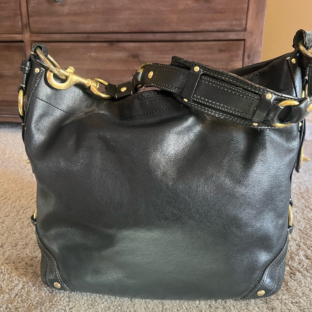 COACH Black Leather Shoulder Bag with Gold Accents